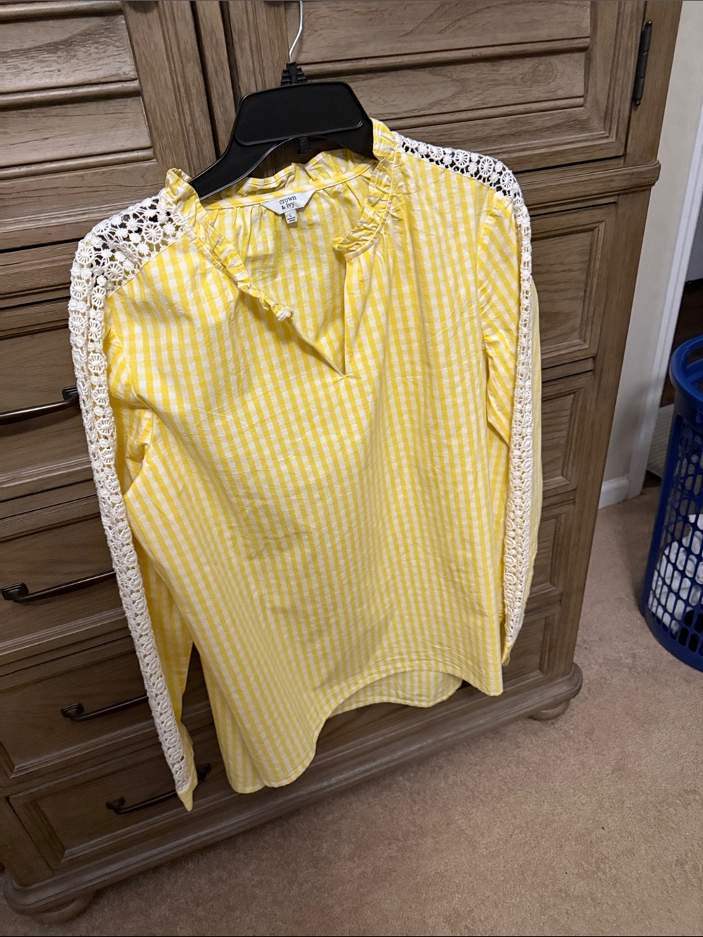 crown & ivy Yellow and White Striped Blouse with Crochet Trim